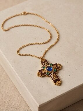 Avon Gold-Tone Enamel Cross Pendant Necklace with Faux Gemstones